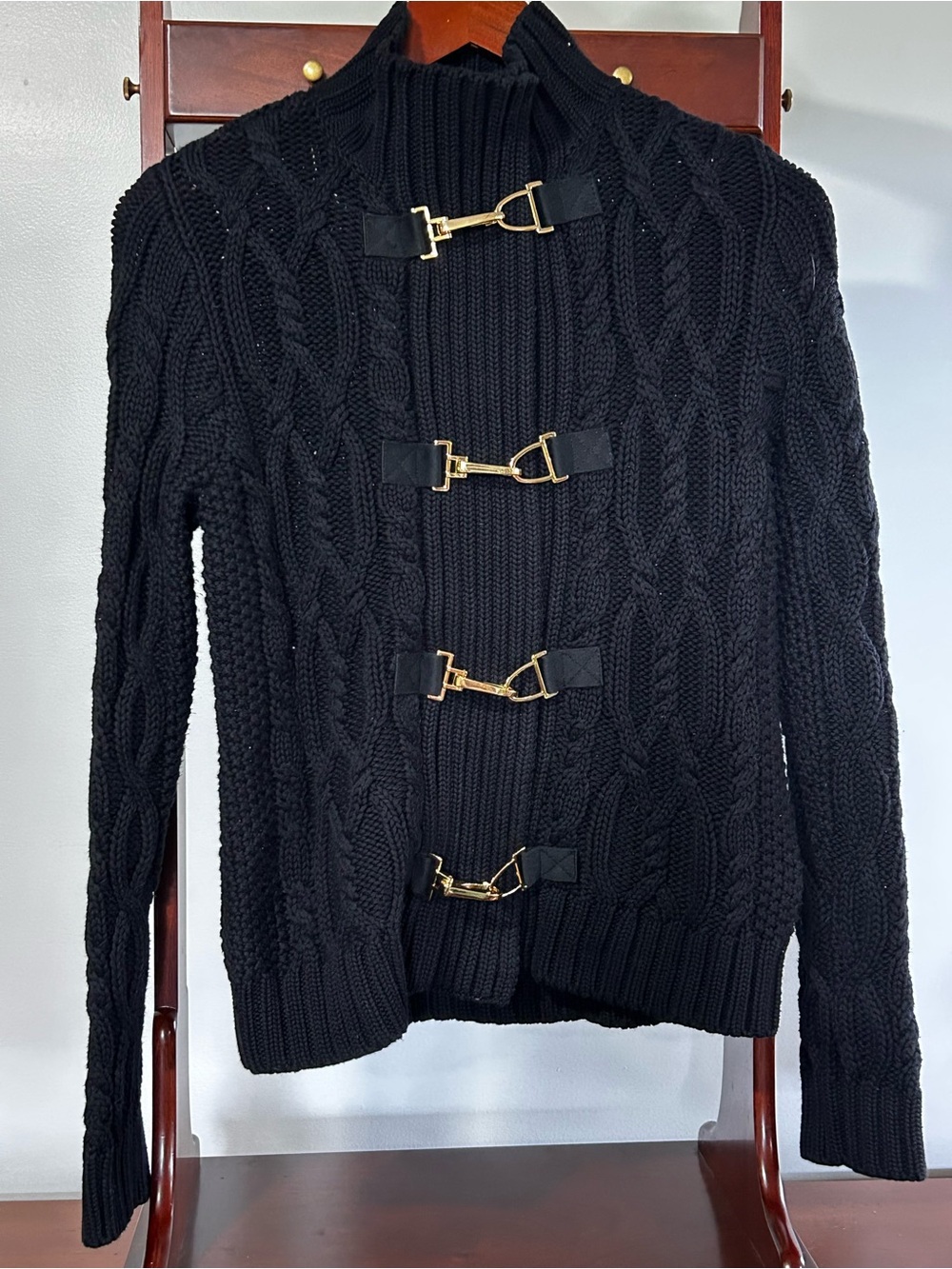 Ralph Lauren Women’s P/M Black Cable-Knit Gold Toggle Buckles Sweater Cardigan